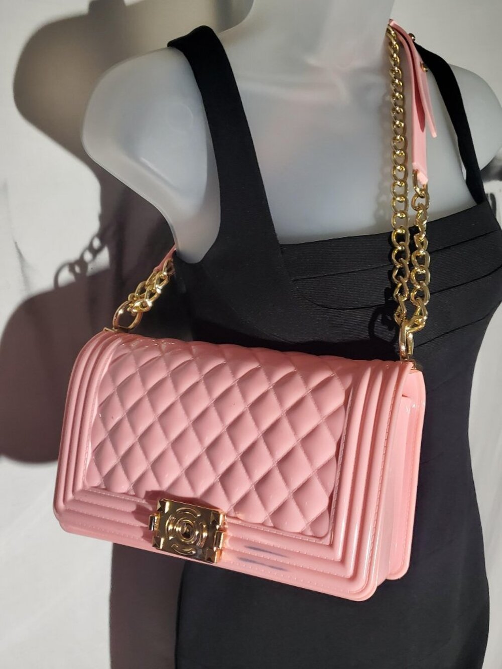 Pink Jelly Bag with Gold Chain Strap‎